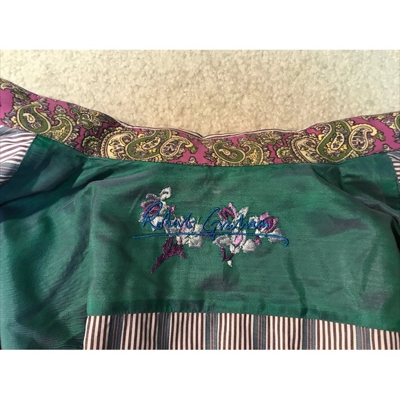 Robert Graham Dress Shirt Stripes Embroidered Purple Flower Flip Cuff Men Size L - Picture 5 of 12
